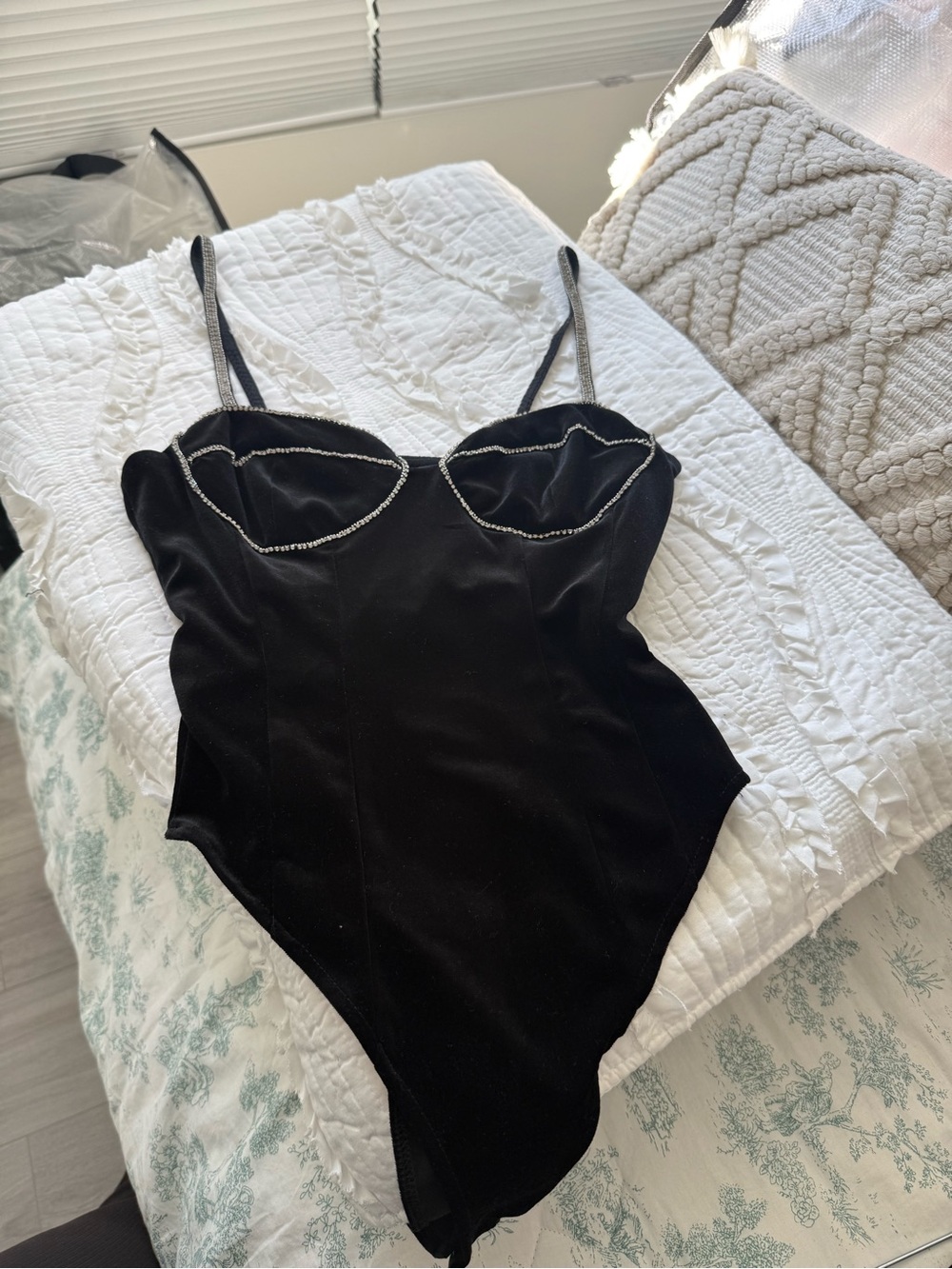 Zara Black Velvet Bodysuit with Rhinestone Cup Trim